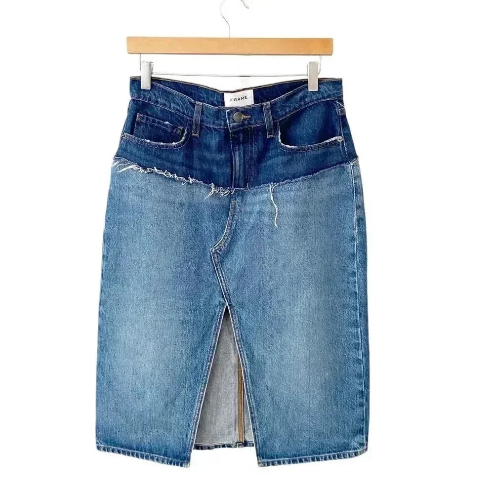 New Frame Indigo Ombr Reconstructed Two-Tone Denim Jean Skirt Size 27